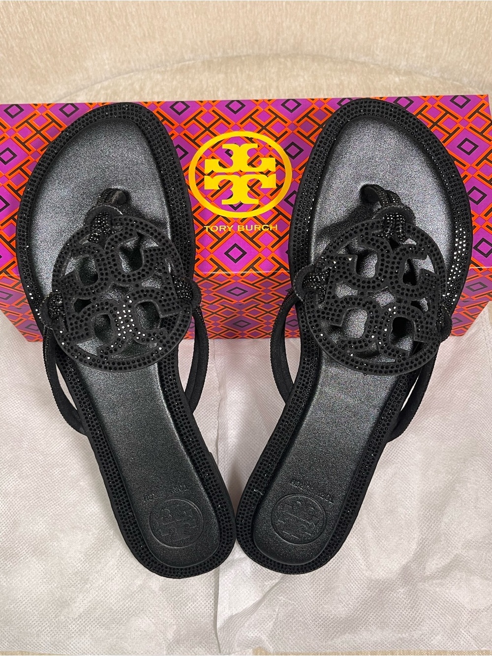 Tory Burch Black Sparkle Miller Slide Sandals